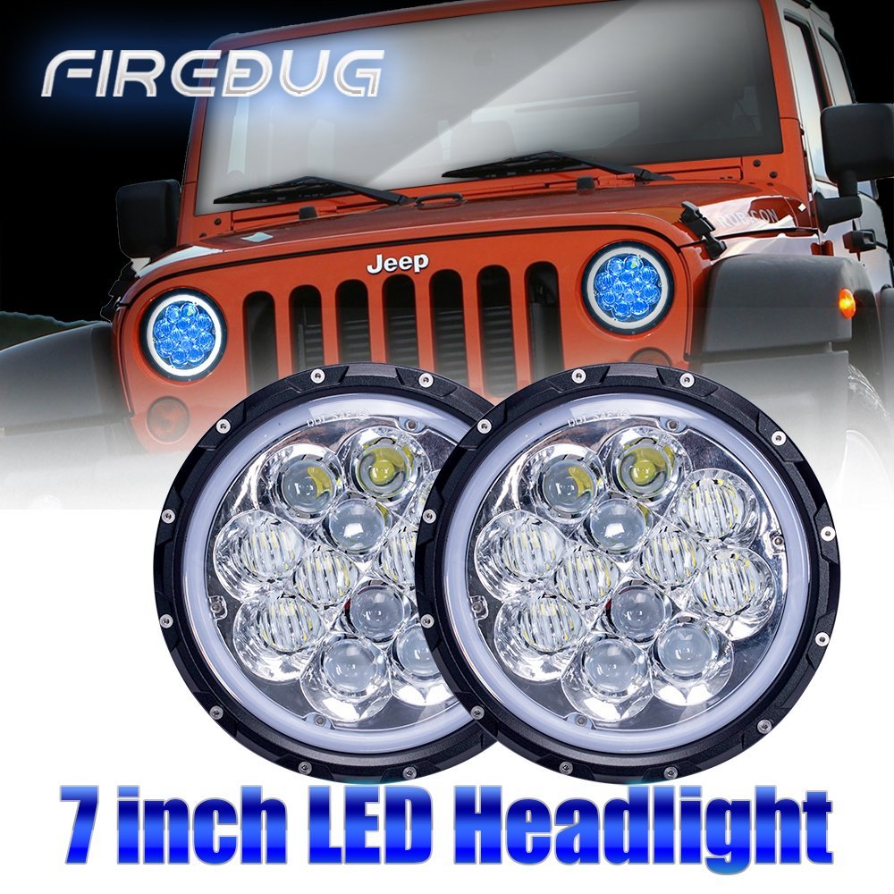 Firebug 7 inch LED Headlights with 5D Blue DRL Angel Eyes for 97