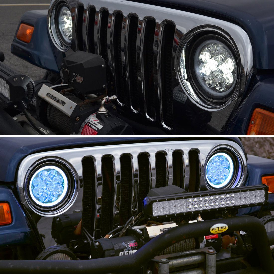 Firebug 7 inch LED Headlights with 5D Blue DRL Angel Eyes for 97